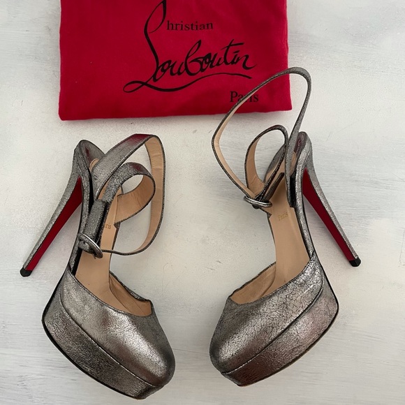 Christian Louboutin Ole Ole Metallic Gray Silver Platform Pumps Heels Ankle - Picture 1 of 13